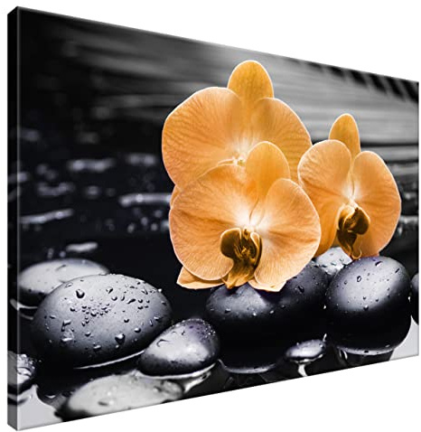 Estika Leinwand bilder - Orange Orchideen, Schwarz weiß Hintergrund - 90x60 cm, 1 teilige kunstdruck - Wandbilder wohnzimmer, schlafzimmer, Moderne wanddeko, Bild auf leinwand - 1714A_1L