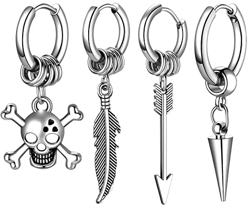 JewelryWe Schmuck Herren Ohrringe Creolen mit Ahle Taper Spitze, Kette und Quader Anhänger Edelstahl Ohr Manschette Ohrstecker Ohrhänger Ohrpiercings für Männer Frauen Schwarz/Gold/Silber
