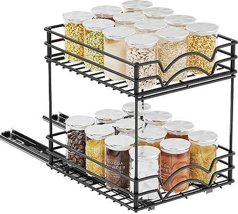 FANHAO Gewürzregal Ausziehbar, 2 Etagen Spülschrank Organizer, Gewürzregal Schrank, Ohne Bohren Gewürzregal, Anhebbares Waschbecken Regal, Gewürz Organizerfür Für Küche (Schwarz)