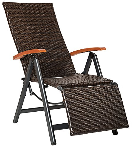 tectake® Alu Polyrattan Gartenstuhl mit Armlehnen, Campingstuhl mit 6-Fach Verstellbarer Rückenlehne, klappbar, Relaxsessel mit Liegefunktion, wetterfest, Klappstuhl mit Fußablage - braun
