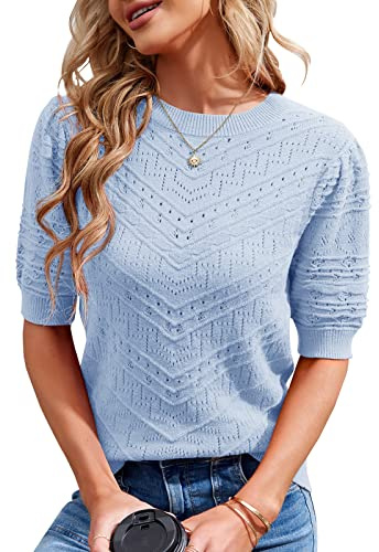 Runcati Jersey de punto de manga corta para mujer, casual, cuello redondo, mangas abullonadas, elegante, monocolor, suéter, jersey, azul, XL
