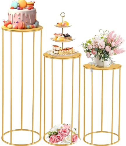 Kathring 3 Pieces Gold Round Flower Stand, 39 Inch Tall Cylindrical Base Flower Stand Metal Floor Planter, Centerpiece Vase Wayfarer for Wedding Party Party Flower Arrangement Decoration