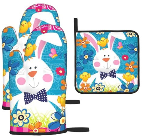 Spring Happy Easter Holiday 3 Stück Haushalt Backhandschuhe und Pfannenabdeckungen Hitzebeständig zum Kochen, Backen und Grillen in der Küche