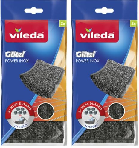 Vileda Glitzi Power INOX, Stahlschwamm gegen hartnäckige Verschmutzungen, länger haltbar, hygienische Reinigung, Härtegrad 3, 4er Pack