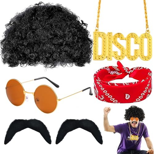 Cheloveer7PCS Hippie Kostüm Herren 70 80er Jahre Outfit Disco Perücke Herren Hippie Perücke Brille Falscher Schnurrbart Halskette Stirnband 70 80er Jahre Bekleidung Karneval Kostüm