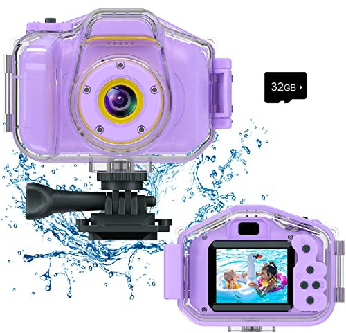 Kids Waterproof Camera, Christmas Birthday Gifts for Boys Girls Age 3-9, Children HD Digital Video Cameras, Portable Toy Child Underwater Camera 2 Inch Screen with 32GB Card (Purple)