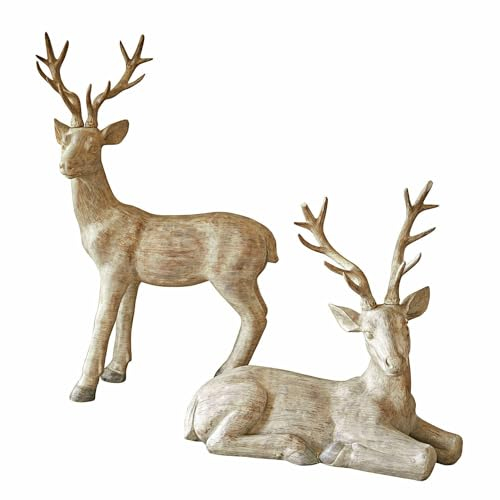 Loberon Deko-Hirsch 2er Set Lyssia, handbemalt, Antik-Finish, Tierfigur, Weihnachtsfiguren, Weihnachtsdekoration, Weihnachten, Polyresin, antikweiß
