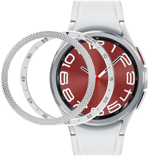 DEALELE [2-pack klockfodral kompatibel med Samsung Galaxy Watch 6 Classic 43 mm/47 mm, romb textur tidskala rostfritt stål metall bezel ring skydd ersättning klockansikte för kvinnor män, silver