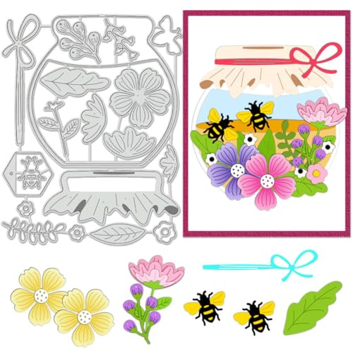 BENECREAT Honey Jar Cutting Dies, Honey Pot Stencils Bee Flower Decorative Embossing Stencils for Scrapbooking, Photo Album, Greeting Card Making, 0.8mm Thick