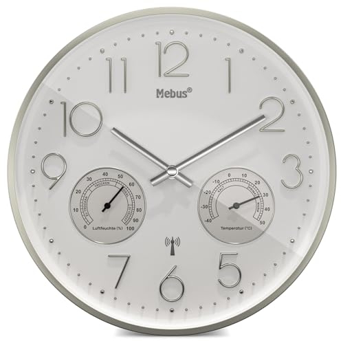 Mebus Funk-Wanduhr mit Thermo- und Hygrometer, lautlos, silberner Rahmen, weiß, Modell 12989 - Präzision und Komfort