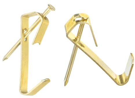 sourcing map 100Pcs Photo Frames Hanger Hooks, 30 Lb Frame Hooks with Nails Metal Wall Mount Album Picture Hanging Clips for Hanging, Clocks on the Wall, Gold