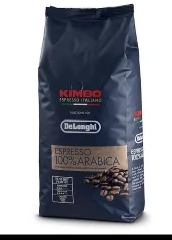 DeLonghi Kimbo Café en Grano Natural 1kg Espresso 100% Arabica para Moler y para Cafetera Superautomática - Café de Tueste Medio, Intensidad 4/6, Aroma 3/6 y Sabor Dulce con Toques de Caramelo