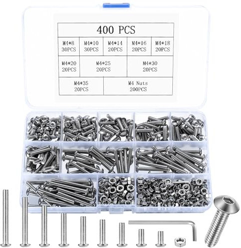 400 Pcs M4 Bolts and Nuts Set, Hex Socket Button Head Cap Screws Nuts and Bolts Assorted Set, 410 Stainless Steel Round Head Pan Head Hexagon Socket Bolts Machine Screws Assortment Kit