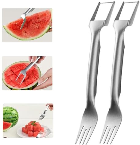 Forchetta taglia frutta 2 in 1, in acciaio inossidabile, per anguria, strumento di taglio per anguria a doppia testa, da cucina (2 pezzi)