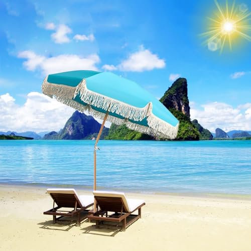 Parasol de plage Parasol de table d'extérieur de 6 pieds avec frange UPF 50+ gland bleu parasol de patio inclinable parasol de plage de vacances imperméable avec sac de transport pliable pour jardin