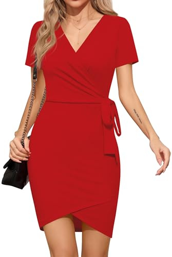 Missufe Damen Sommer V Ausschnitt Wickelkleid Tie Kurzarm Figurbetont Freizeitkleid