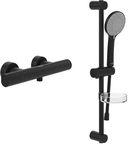 Villeroy & Boch Universal Taps & Fittings Duschset Aufputz (2 in 1 Bundle), Duschsystem mit Duschthermostat, Handbrause, Handbrauseschlauch, Duschstange inkl. Handbrausehalter, Matt Black