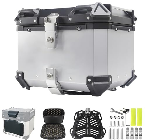 Morlinca Topcase Für Roller, Motorrad Aluminium, Wasserdicht Motorradkoffer Mit Sicherheitsschloss Und Rückenlehne, Top-Cases Für Roller, Motorrad, Quad (Silber, 45L)
