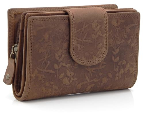 ekavale Damen-Portemonnaie im Querformat, Blütenmuster, RFID-Schutz, Leder, viele Fächer, dreigeteiltes Münzfach (Dunkel-Braun)