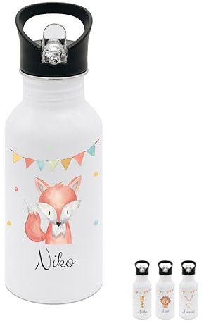 wunderwunsch® - Personalisierte Trinkflasche Kinder Edelstahl [ 500ml ] - Robuste Trinkflasche mit Namen - Wasserflasche mit Trinkhalm - Personalisierte Geschenke für Kinder (Fuchs Girlande)