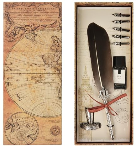 Flylin Retro Schreibfeder Set, Schreibfeder Kalligraphie Feder Handgemachte Metall Kalligraphie Schreibfeder Dip Pen, Federkiel Dip Quill Pen Writing Set mit 5 Federn für Schreibwaren Geschenk (Grau)