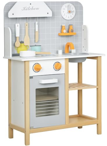 AIYAPLAY Cocina de Juguete para Niños +3 Años Cocinita Infantil Cocinita de Madera Infantil con Sonido Fogón Horno Grifo Fregadero y Accesorios de Cocina 57x26x82 cm Gris