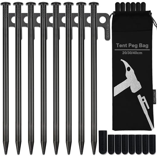OBELON 8 Pack Heavy Duty Metal Tent Pegs - 20cm Steel Camping Stakes for Hard Ground, Awnings & Outdoor Use - Includes Storage Case & Rubber Covers - Strong Ground Anchors (Black)