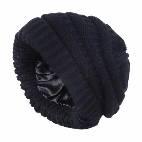 YUECIBAI Fliegermützen Satin Beanie Mützen Gestreifte Strick Mützen Einfarbig Dicke Kappe Weich Slouchy Warm Hut Ski Kappe Schwarz