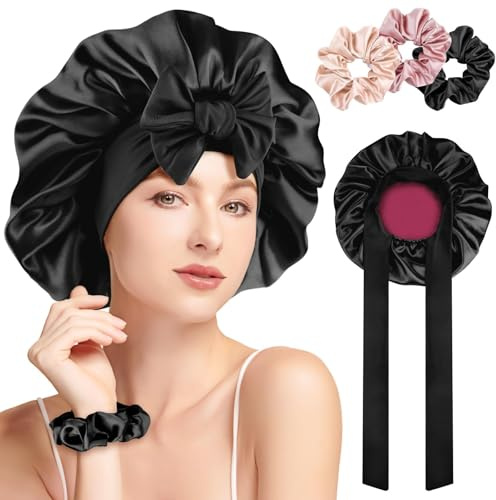GlasFlength Satin Haarhaube Schlafhaube Seide, Maulbeerseide Schlafmütze Satin Bonnet Verstellbare Seidenhaube zum Schlafen Atmungsaktive Breites Band Doppellagig für Damen Mädchen (Schwarz)