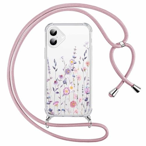 Saqmkil Handykette Handyhülle für iPhone 16 6,1 Hülle mit Band, Durchsichtig Aesthetic Muster Blumen Mädchen Case mit Kordel zum Umhängen, Transparent Weiche Silikon TPU + PC Stoßfest Schutzhülle