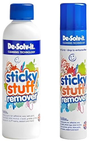 De-Solv It Sticky Stuff Remover - Multi-Surface Adhesive, Gum, and Stain Cleaner, Ideal for Vertical Surfaces, Removes Tar, Tape, Grime, Wax, Crayon, and More Blue - 250 & 200ml