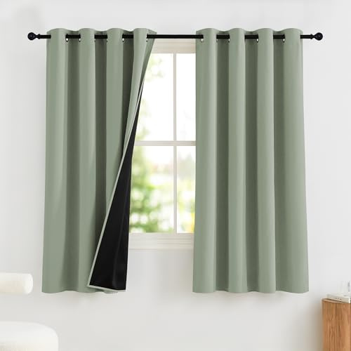 PONY DANCE Vorhang Blickdicht Salbeigrün Thermo Gardinen Hitzeschutz | 2er Set, H160 x B140 cm, Blackout Curtains, Sichtschutz, UV-Schutz, Kurz, Ösen, für Schlafzimmer Wohnzimmer Kinderzimmer