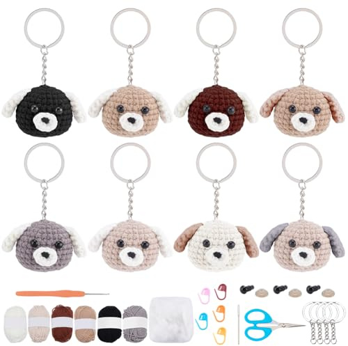WEBEEDY 8 Sets Animal Crochet Kit for Beginners,Dog Crochet Starter Kit for Adults Includes Colorful Yarn,Key Rings and Step-by-Step Video Tutorial, DIY Keychain Set Knitting Supplies Handmade Gift