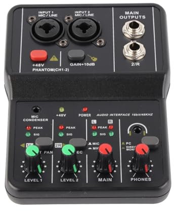 POOIQX Mesa de Mezclas de Sonido con Fuente de alimentación USB, Mezclador Compacto de 2 Canales con alimentación Phantom de 48 V, 2 Canales for grabación de música,Compatibilidad Universal