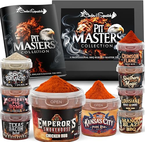 Pit Masters BBQ Rubs – 9 Premium Spice Blend Seasonings for Pork, Chicken & Beef by Cinder & Squatch | Perfect for Grilling, Smoking & American Barbecue Fans | Complete BBQ Rub Gift Set for Foodies