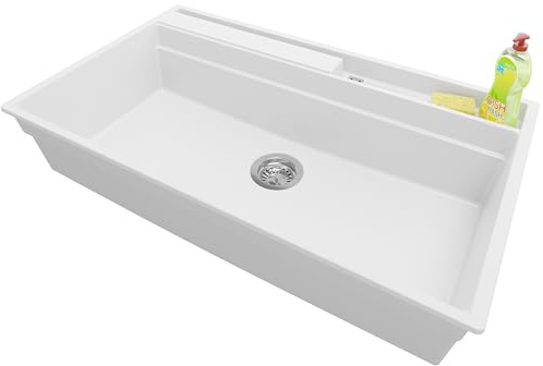 PRIMAGRAN Lavello da Cucina Bianco 88x53cm, Lavandino in Granito a 1 vasca + Sifone Classico, Lavabo Incasso al mobile 90cm - Oslo Pocket S272