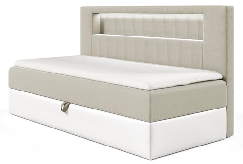 MEBLINI Kinderbett mit Bettkasten - Gepolstert Einzelbett mit Matratze - Polsterbett mit Stauraum - Bett mit Kopfteil - Stauraumbett - Gareth 2-100x200 - H3/Beige Samt