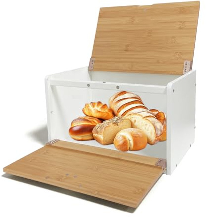MinBoo Bamboo Bread Box Basket Storage Box Kitchen Bread Storage Bread Container Keep Fresh Long Time Roasted Bread, 36 x 23 x 21 cm (L x W x H) cm, Bamboo& White (Requires assembly)