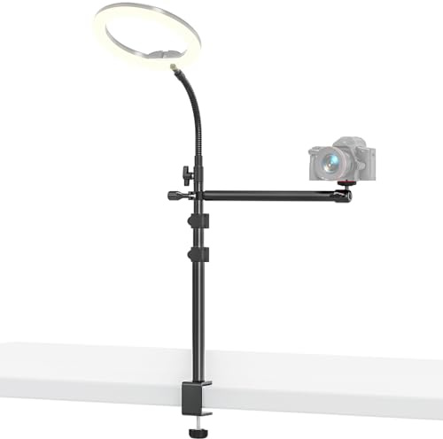 Rodison Supporto da tavolo per fotocamera con collo di cigno flessibile, 34-108 cm, con braccio flessibile e testa a sfera da 1/4 per DSLR, luce ad anello, Live Streaming, riprese video