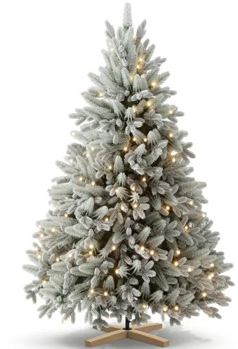 Kidsgigglz 150cm Künstlicher Weihnachtsbaum mit 200 LED Lichtern, dichter PE+PVC Christbaum, Schneeweiße Schneetanne, Tannenbaum mit Eisenständer, Wiederverwendbar Weihnachtsbäume für lnnen & AuBen