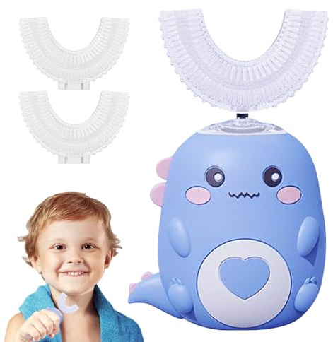 Cepillo de dientes eléctrico para niños, con forma de U, ultrasonido con diseño de dinosaurio y resistente al agua IPX7, 2 velocidades, 3 cabezales de cepillo, temporizador de 60 s, recargable por USB
