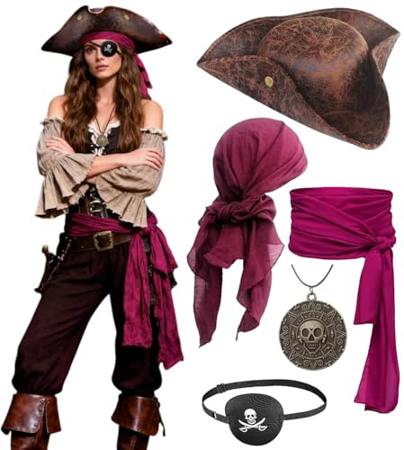 kasahara Piraten Hut Piratenkostüm Zubehör Set Piraten Kopftuch Taillengürtel Augenklappe Halskette Mittelalter Pirate Outfit Accessoires für Halloween Fasching Festival Mottoparty
