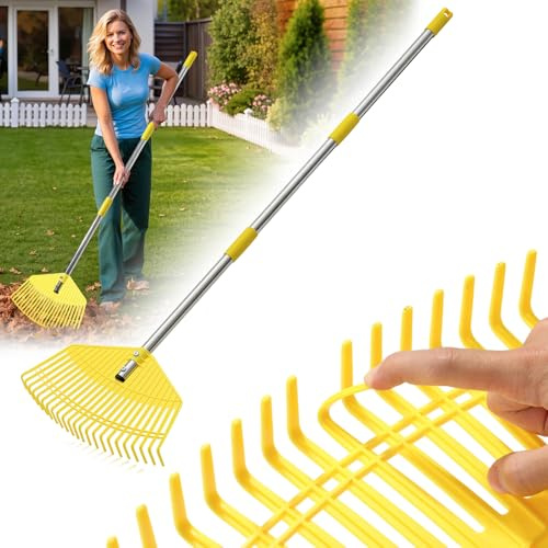 Garden Leaf Rake for Leaves - 42cm Wide Nylon Plastic Head,201.5cm Adjustable Lightweight Handle for Women Seniors Kids,23 Flexible Lawn-Friendly Tines for Grass,Pine Needle,Mulch,Small Debris