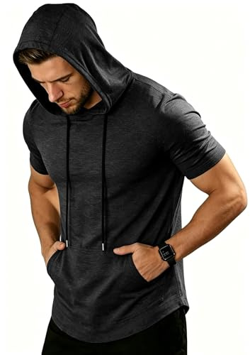 ZITY T-Shirt Sportiva Uomo con Cappuccio Maniche Corte Traspirante Palestra Corsa Estate Nero M