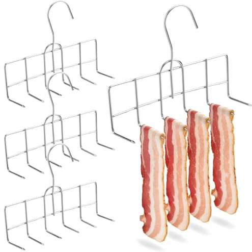 MorningRo 4 Pcs Bacon Hanger 6 Prong Meat Hooks Stainless Steel Bacon Hanger, Heavy Duty Roast Duck Hooks Butcher's Hook Accessories for Meat Smoking, Processing, Drying, Grilling, BBQ