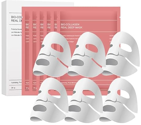 Mascarilla Facial Colageno, Bio collagen Face Mask,verdadera máscara de colágeno profundo, hidratación en profundidad, reduce las arrugas, cuidado de la piel de la cara, minimiza los poros, 6PCS