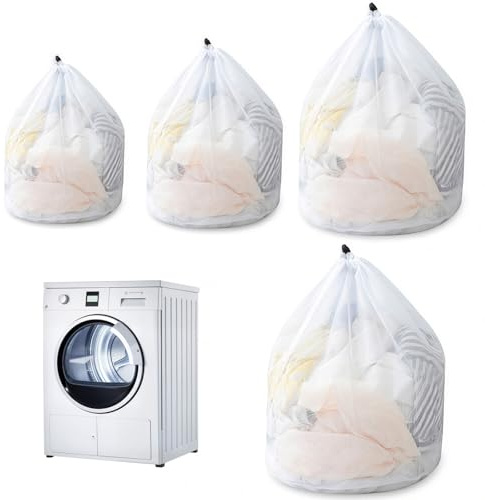 4 PCS Mesh Laundry Bags with Drawstring, Multi-Pack Laundry Net Bag Large Wash Bag for Delicates Durable Washiing Bags for Washing Machine (White)
