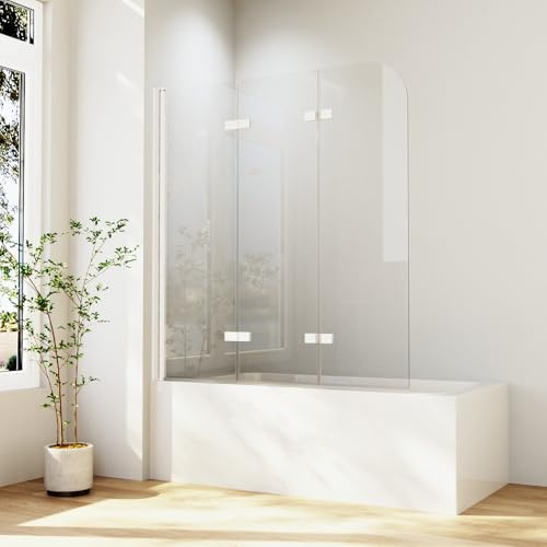 Duschwand für Badewanne 140 x 140 cm 3 teilige Weiß Faltbar Badewannen Duschabtrennung, 6 mm ESG Sicherheitsglas, transparente Duschabtrennung, für Badzubehör