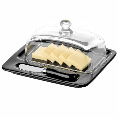 3-in-1 Ceramic Butter Dish with Glass Lid & Butter Knife-Black | Large 250g Block Butter Container for Countertop, Keep Butter Fresh, Dishwasher & Microwave Safe