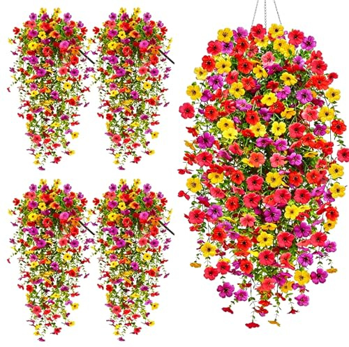 4 Bundles Artificial Hanging Flowers for Outdoors,UV Resistant Artificial Outdoor Flowers,30-Inch Long No Fade Plastic Vine Plants for Hanging Baskets,Porch,Patio,Garden,Front Door Decor (Four Colors)